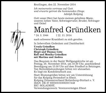 Anzeige von Manfred Gründken von Reutlinger Generalanzeiger