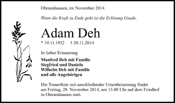 Anzeige von Adam Deh von Reutlinger Generalanzeiger