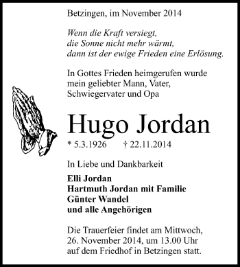 Anzeige von Hugo Jordan von Reutlinger Generalanzeiger