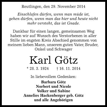 Anzeige von Karl Götz von Reutlinger Generalanzeiger