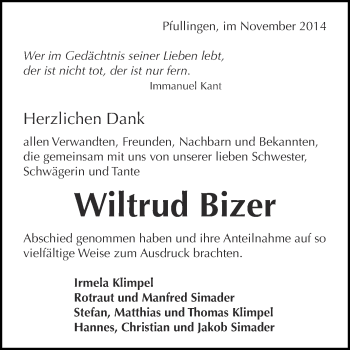 Anzeige von Wiltrud Bizer von Reutlinger Generalanzeiger