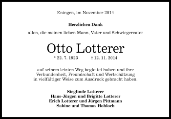 Anzeige von Otto Lotterer von Reutlinger Generalanzeiger