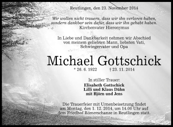 Anzeige von Michael Gottschick von Reutlinger Generalanzeiger