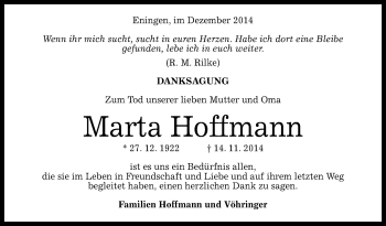 Anzeige von Marta Hoffmann von Reutlinger Generalanzeiger