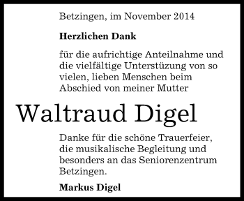 Anzeige von Waltraud Digel von Reutlinger Generalanzeiger