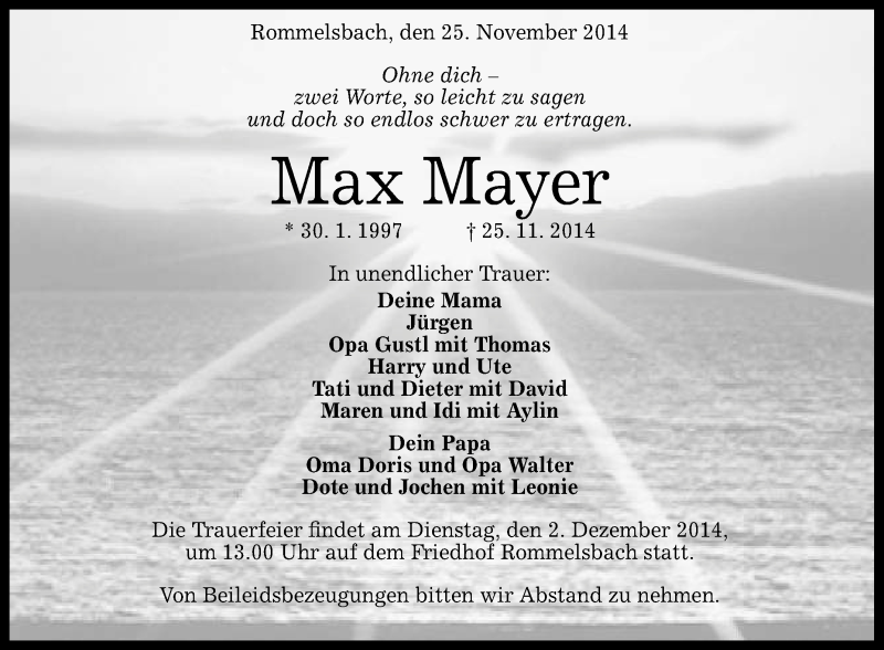  Traueranzeige für Max Mayer vom 29.11.2014 aus Reutlinger Generalanzeiger