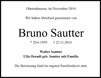 Anzeige von Bruno Sautter von Reutlinger Generalanzeiger
