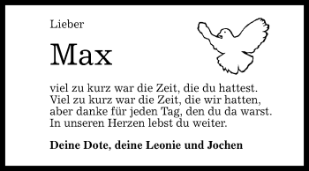 Anzeige von Max  von Reutlinger Generalanzeiger