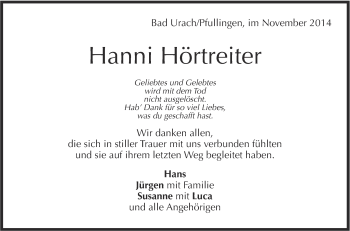 Anzeige von Hanni Hörtreiter von Reutlinger Generalanzeiger