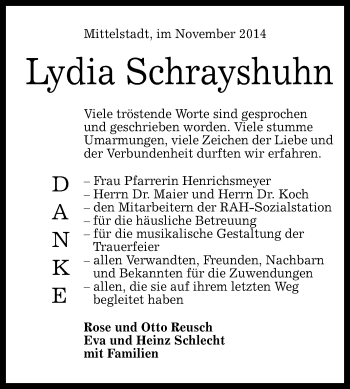 Anzeige von Lydia Schrayshuhn von Reutlinger Generalanzeiger