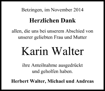 Anzeige von Karin Walter von Reutlinger Generalanzeiger