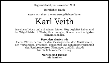 Anzeige von Karl Veith von Reutlinger Generalanzeiger
