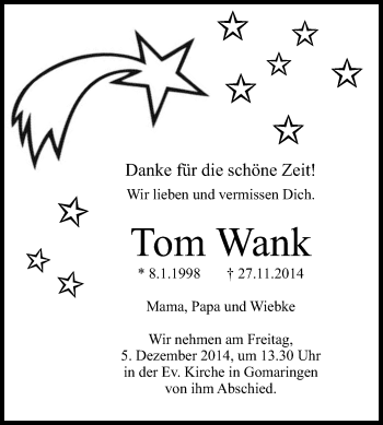 Anzeige von Tom Wank von Reutlinger Generalanzeiger