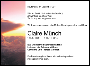 Anzeige von Claire Münch von Reutlinger Generalanzeiger