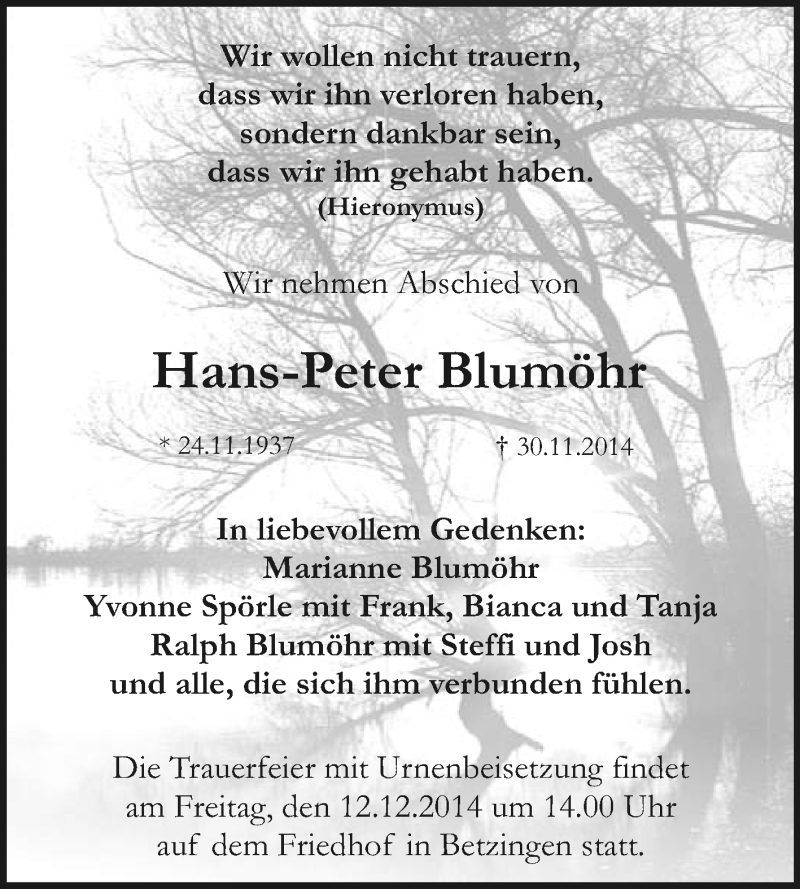  Traueranzeige für Hans-Peter Blumöhr vom 06.12.2014 aus Reutlinger Generalanzeiger