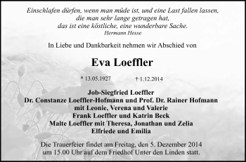 Anzeige von Eva Loeffler von Reutlinger Generalanzeiger