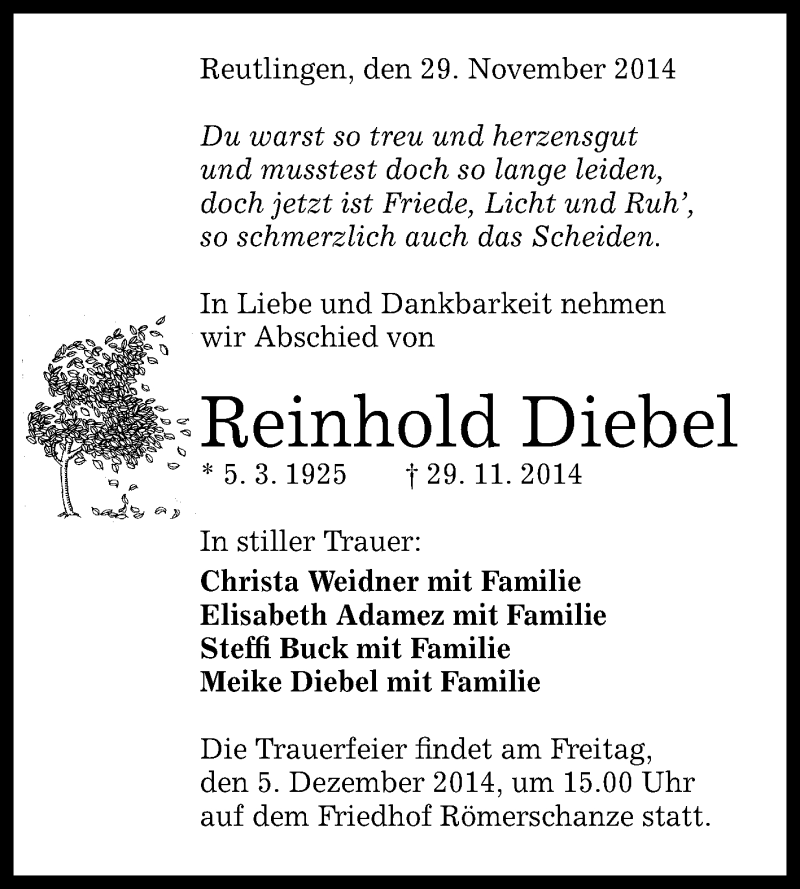  Traueranzeige für Reinhold Diebel vom 03.12.2014 aus Reutlinger Generalanzeiger
