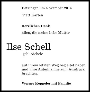 Anzeige von Ilse Schell von Reutlinger Generalanzeiger