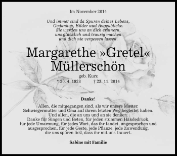 Anzeige von Margarethe Müllerschön von Reutlinger Generalanzeiger