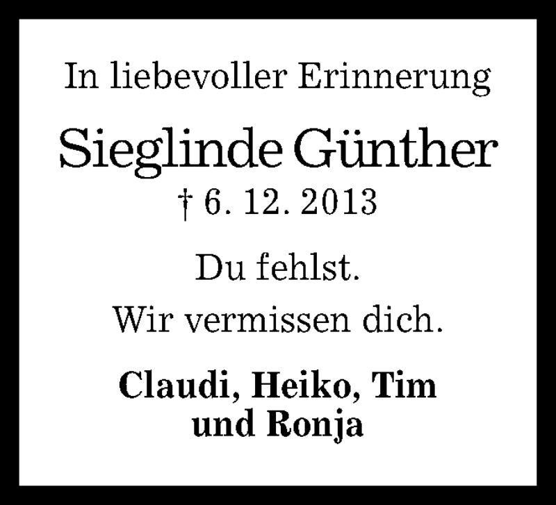  Traueranzeige für Sieglinde Günther vom 06.12.2014 aus Reutlinger Generalanzeiger