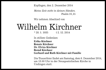 Anzeige von Wilhelm Kirchner von Reutlinger Generalanzeiger