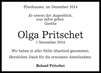 Anzeige von Olga Pritschet von Reutlinger Generalanzeiger