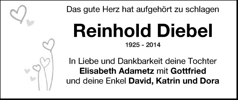  Traueranzeige für Reinhold Diebel vom 05.12.2014 aus Reutlinger Generalanzeiger