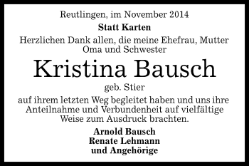 Anzeige von Kristina Bausch von Reutlinger Generalanzeiger