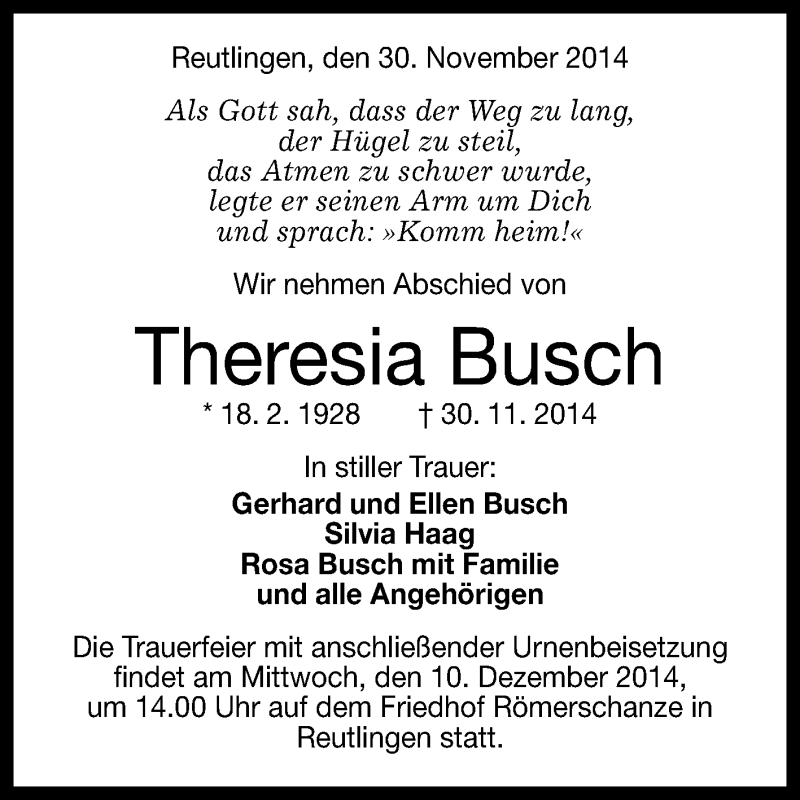  Traueranzeige für Theresia Busch vom 06.12.2014 aus Reutlinger Generalanzeiger