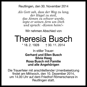 Anzeige von Theresia Busch von Reutlinger Generalanzeiger