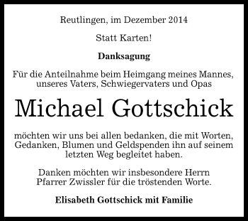Anzeige von Michael Gottschick von Reutlinger Generalanzeiger