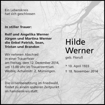 Anzeige von Hilde Werner von Reutlinger Generalanzeiger
