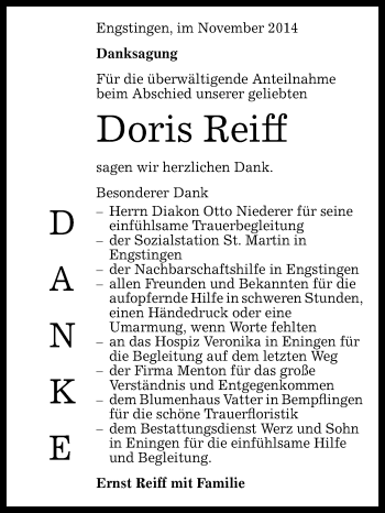 Anzeige von Doris Reiff von Reutlinger Generalanzeiger