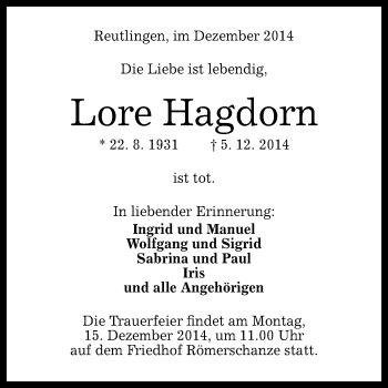 Anzeige von Lore Hagdorn von Reutlinger Generalanzeiger