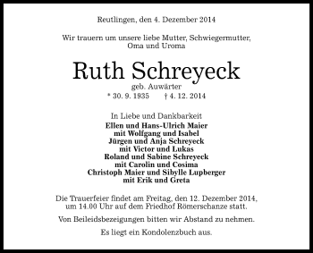 Anzeige von Ruth Schreyeck von Reutlinger Generalanzeiger