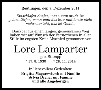 Anzeige von Lore Lamparter von Reutlinger Generalanzeiger