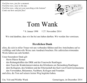 Anzeige von Tom Wank von Reutlinger Generalanzeiger
