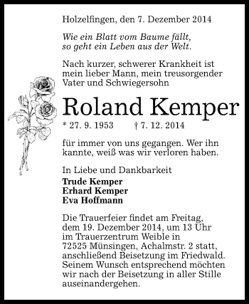 Anzeige von Roland Kemper von Reutlinger Generalanzeiger