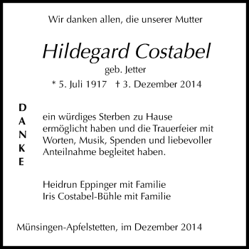 Anzeige von Hildegard Costabel von Reutlinger Generalanzeiger