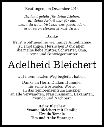 Anzeige von Adelheid Bleichert von Reutlinger Generalanzeiger