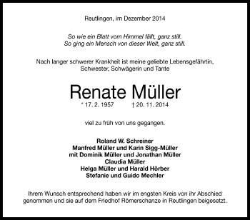 Anzeige von Renate Müller von Reutlinger Generalanzeiger