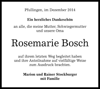 Anzeige von Rosemarie Bosch von Reutlinger Generalanzeiger