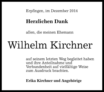 Anzeige von Wilhelm Kirchner von Reutlinger Generalanzeiger