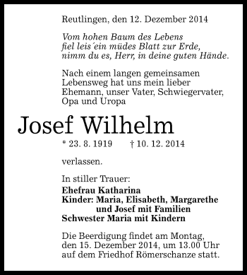 Anzeige von Josef Wilhelm von Reutlinger Generalanzeiger