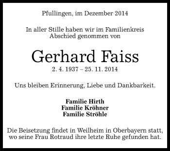 Anzeige von Gerhard Faiss von Reutlinger Generalanzeiger