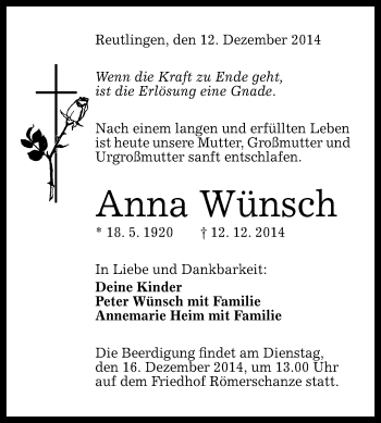 Anzeige von Anna Wünsch von Reutlinger Generalanzeiger