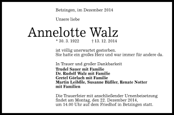 Anzeige von Annelotte Walz von Reutlinger Generalanzeiger