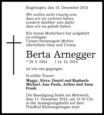 Anzeige von Berta Arnegger von Reutlinger Generalanzeiger