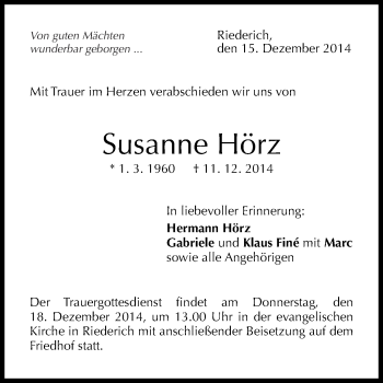 Anzeige von Susanne Hörz von Reutlinger Generalanzeiger