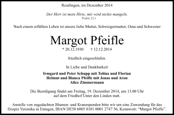 Anzeige von Margot Pfeifle von Reutlinger Generalanzeiger